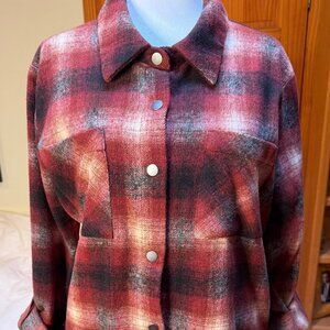 NWOT Mistree Burgundy/Brown XL Snap Roll Up Sleeve Flannel Shirt w Pockets